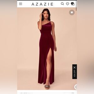 Azazie Burgundy Velvet One-Shoulder Evening Dress